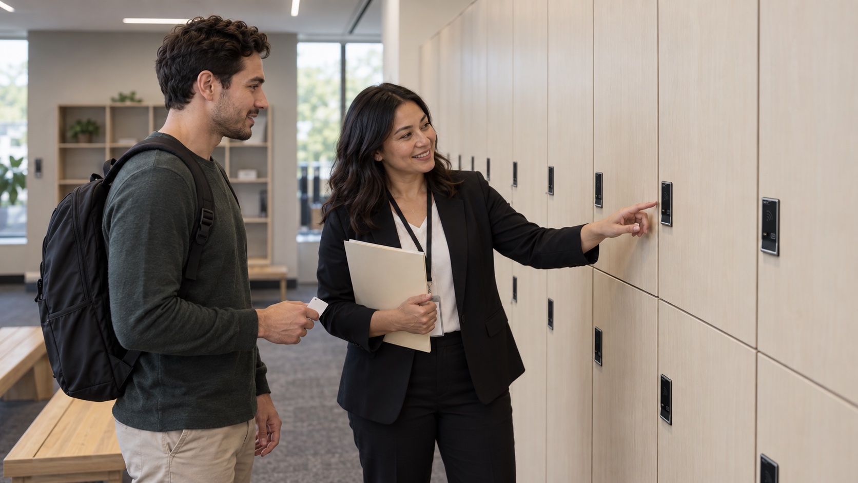 Employee and facilities coordinator reviewing an assigned workplace locker