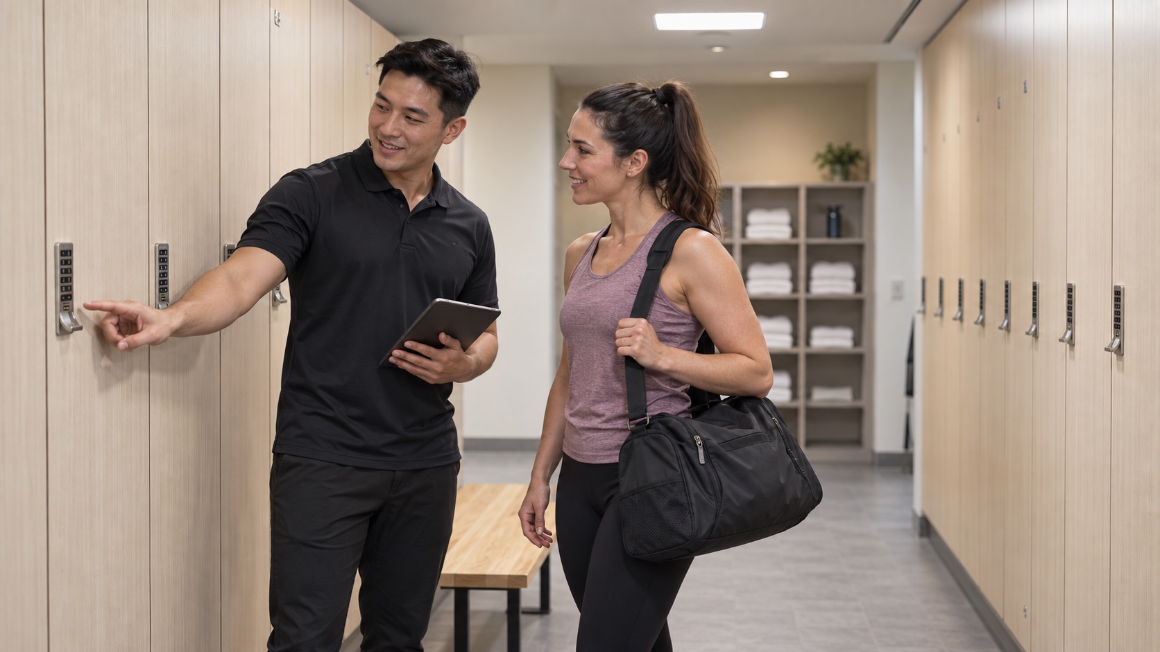 Gym staff explaining day-use electronic lockers to a member