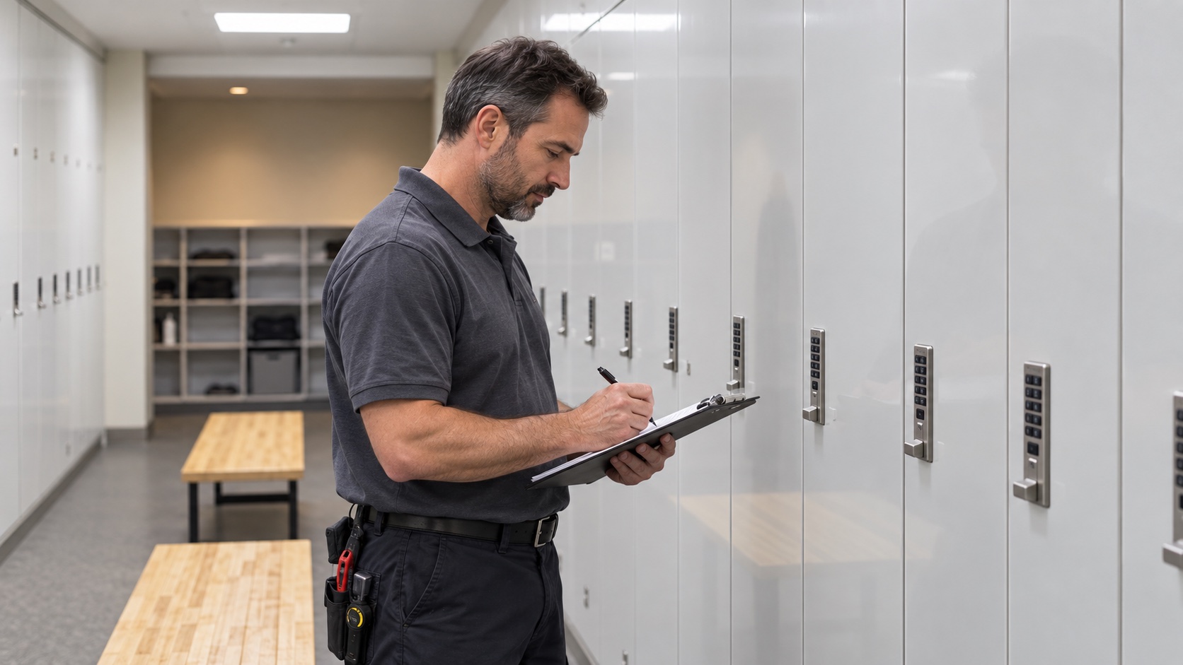 Facilities technician planning maintenance beside electronic lockers