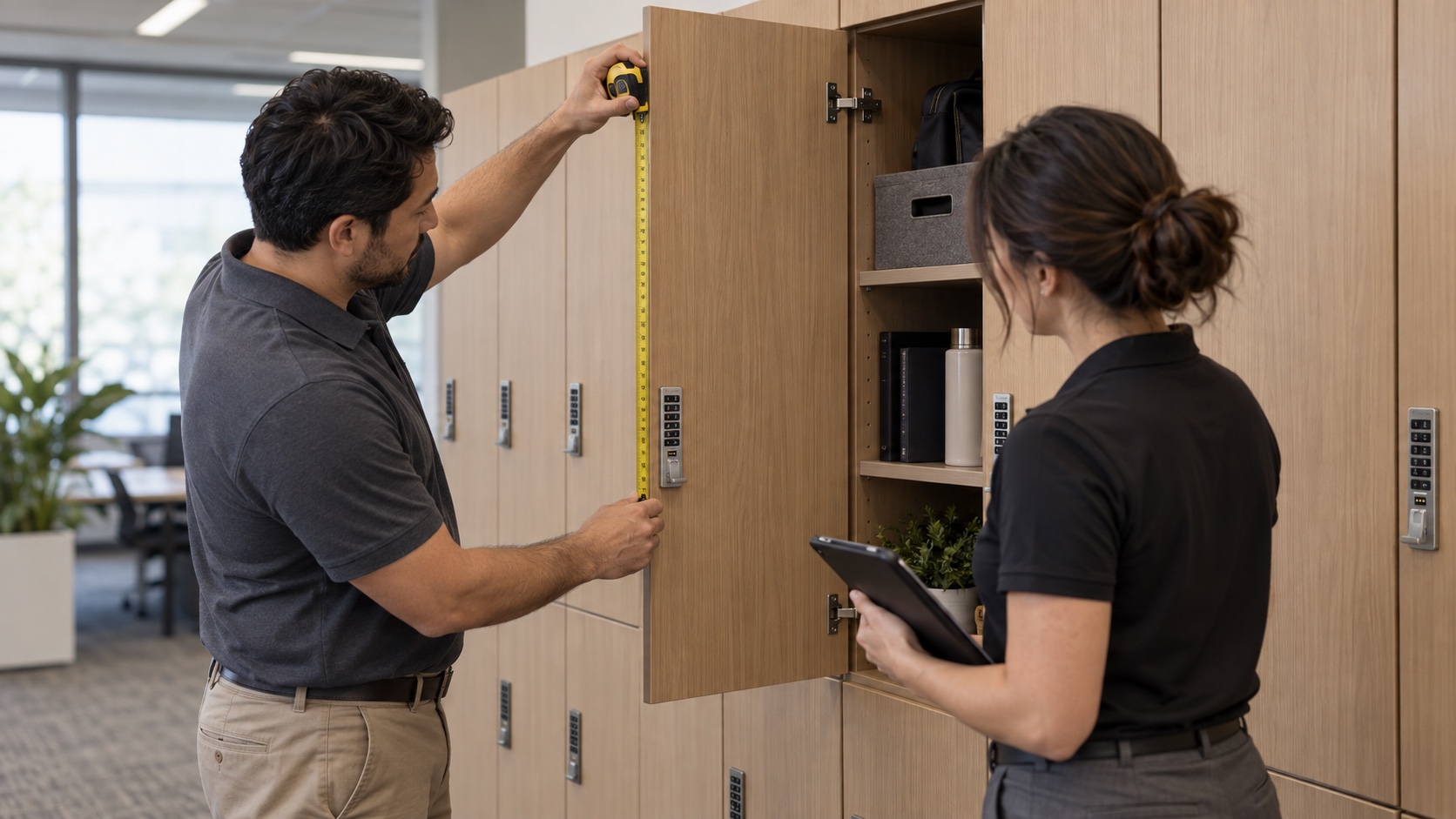 Facilities staff measuring a cabinet door for a locker-lock quote