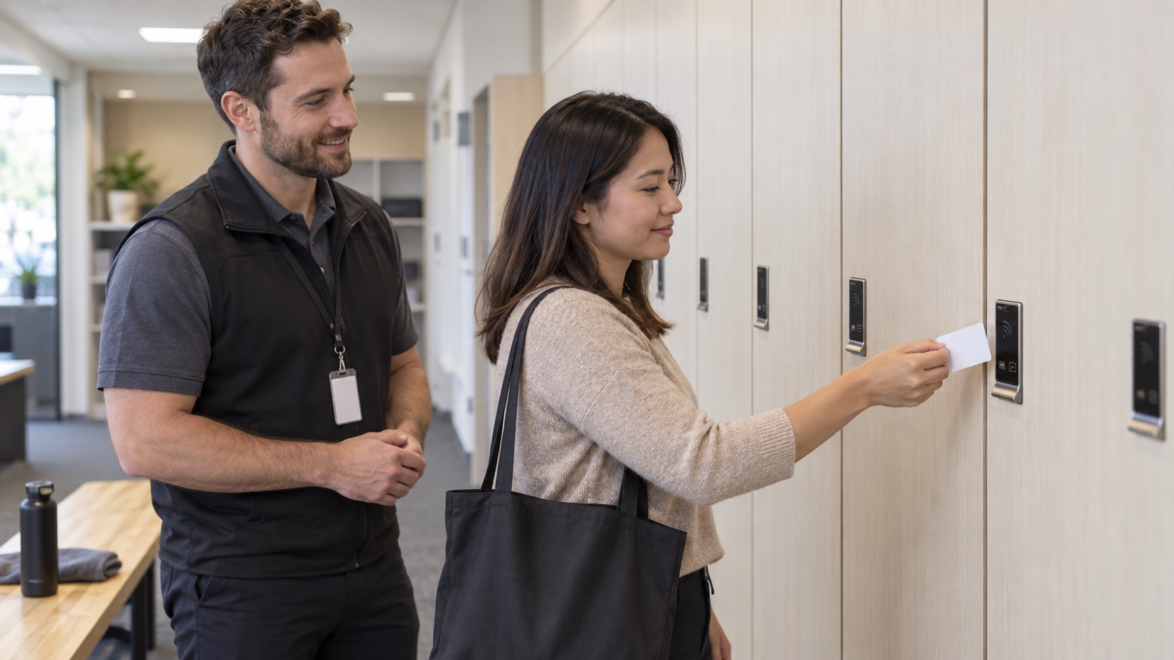 Employee presenting an access badge at an electronic locker lock