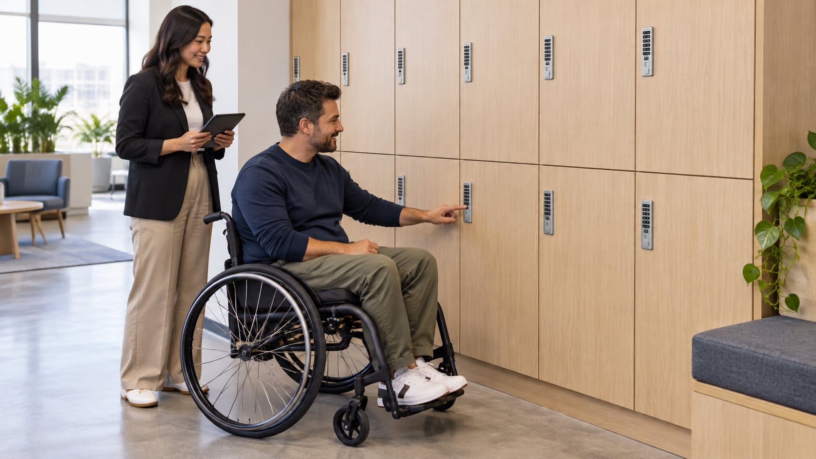 A wheelchair user checking a lower locker keypad while a colleague observes.