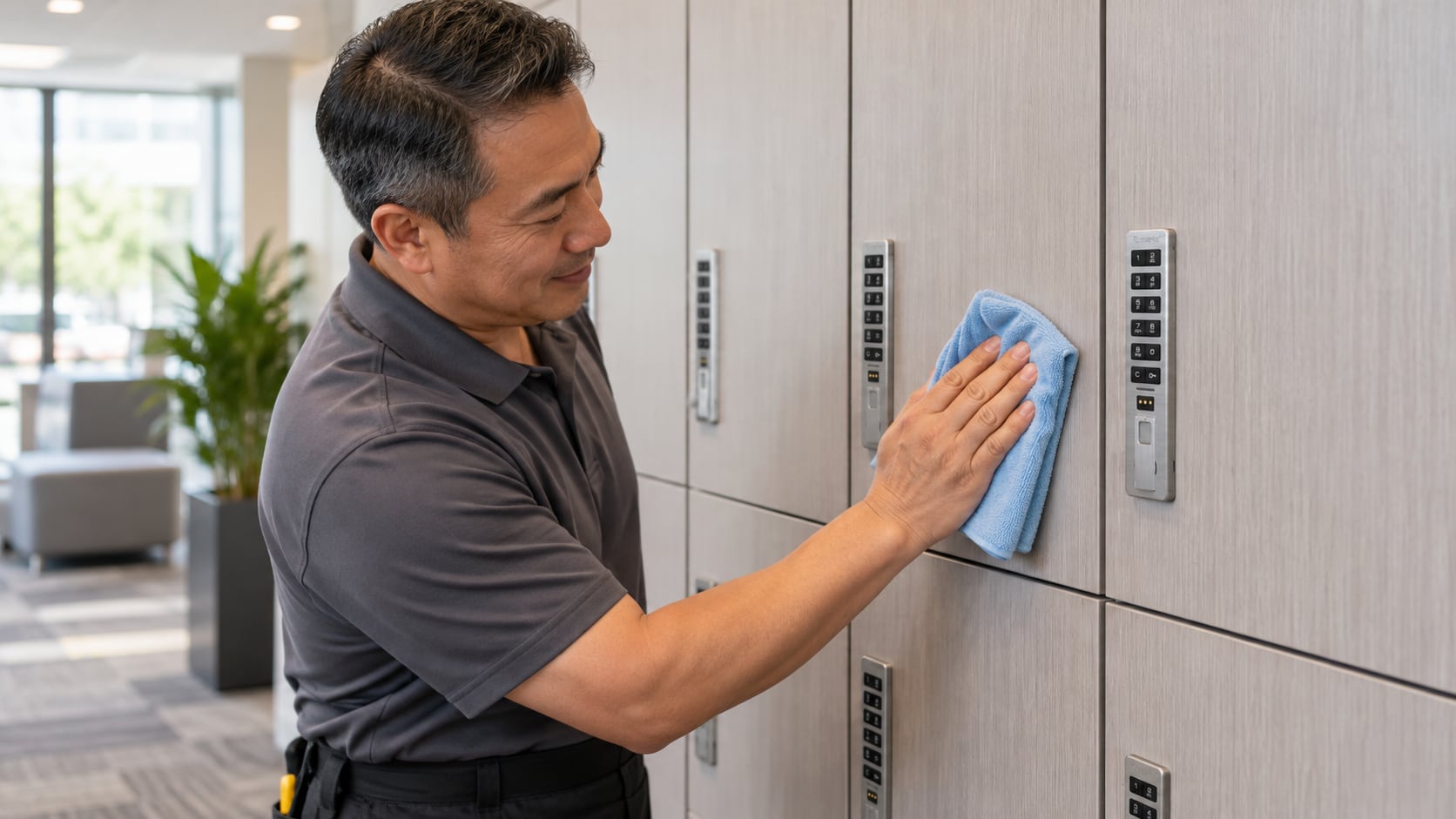 A facilities worker wiping a laminate locker door beside an electronic keypad lock.
