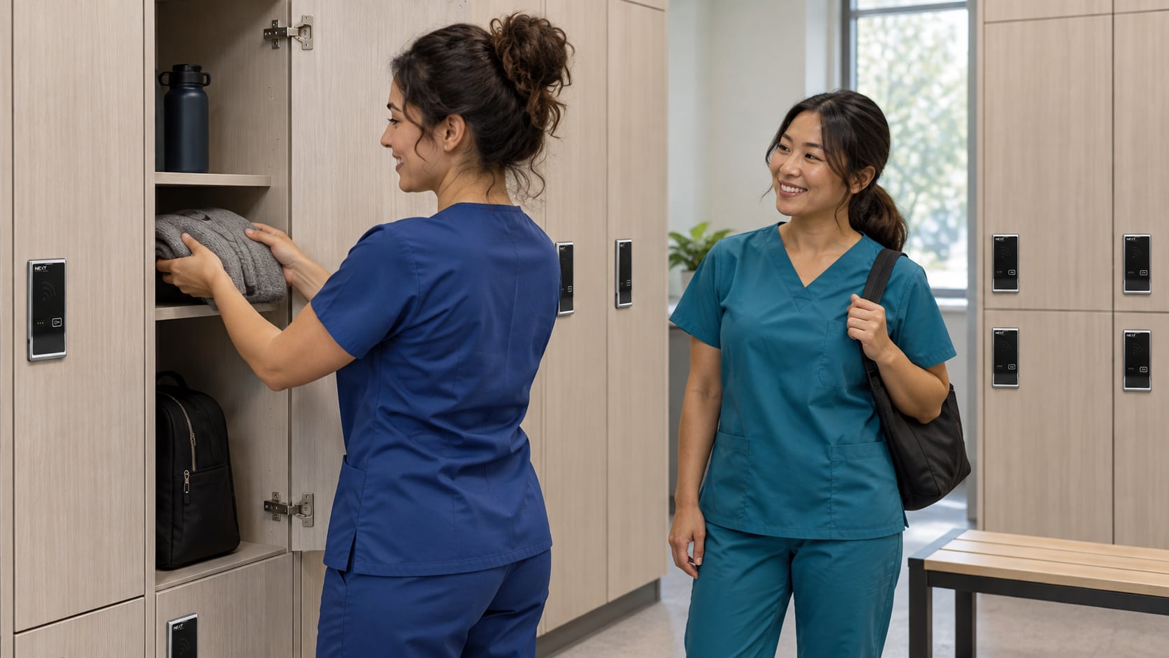 Healthcare staff storing personal belongings in lockers with electronic RFID locks.