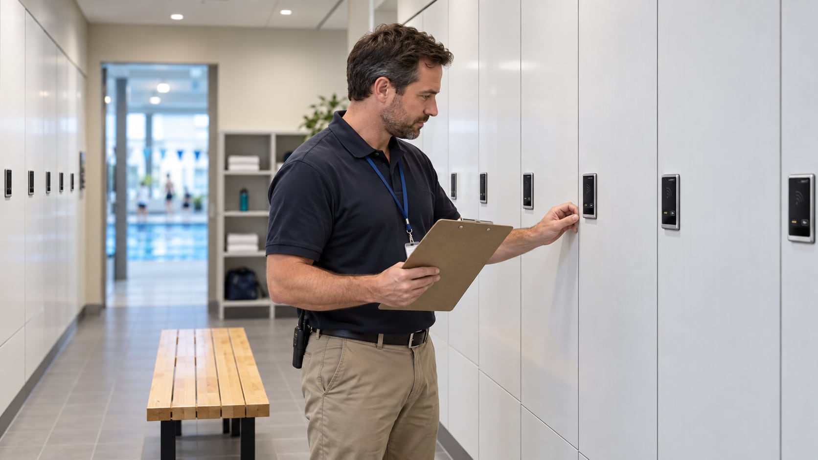 A facilities manager inspecting electronic locks in a dry pool changing area.